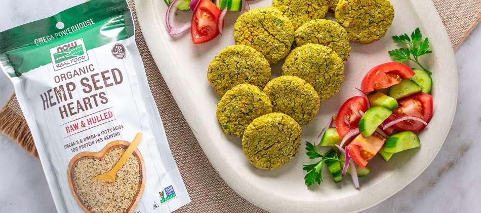 NOW Real Foods Hemp Seed Hearts and plate of Falafel 