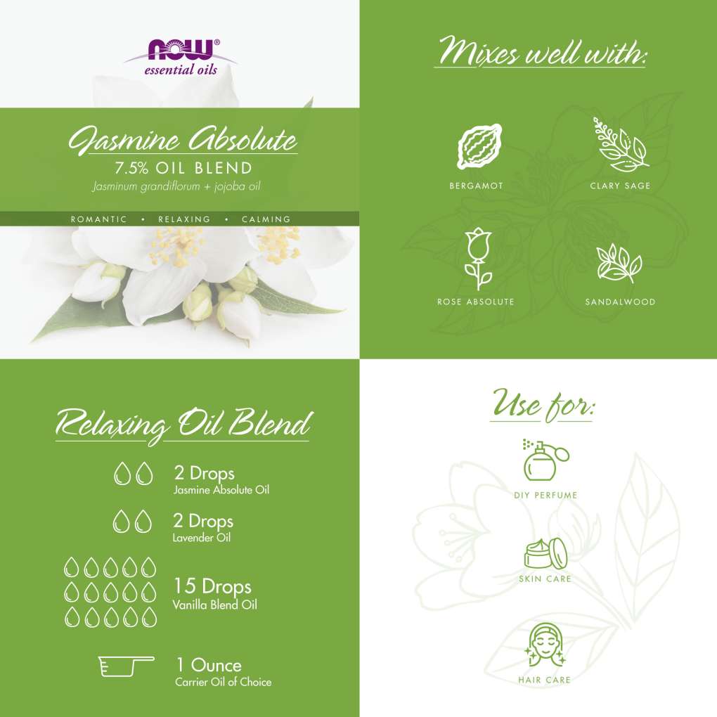 graphic illustration of sweet aroma essential oil Jasmine Absolute on four square tiles alternating lime green and light/white background