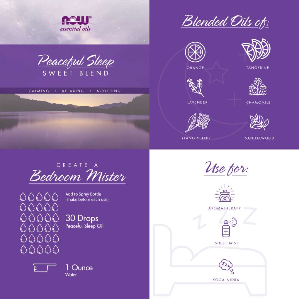 graphic illustration of sweet aroma essential oil Peaceful Sleep on four square tiles alternating purple and light/white background