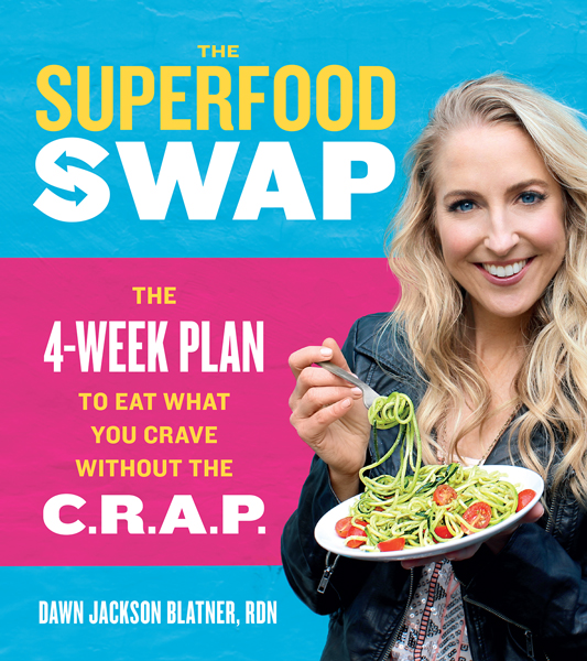 Book cover titled The Superfood Swap, The 4-Week Plan to Eat What You Crave Without the C.R.A.P. by Dawn Jackson Blatner, RDN. The cover is in turquois with Barbie pink across almost 50% with a little turquoise below it. A photo waist up of Dawn is on the right side showing her heart shaped face, blue eyes and long blonde wavy hair and a big smile. She is wearing a black leather jacket and holding a white plate with fork in right hand and zucchini noodles and cherry tomato slices on the plate.